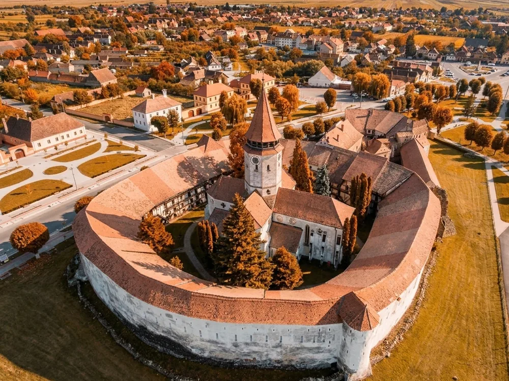 Prejmer Fortified Church (Tartlau) in Brașov County, Transylvania, Romania — the UNESCO-listed circular fortified church with its massive defensive wall containing 272 family shelter rooms