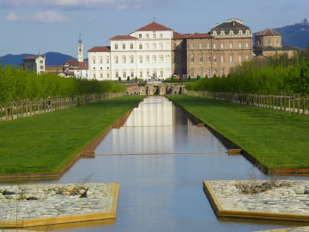 The Reggia di Venaria's Grand Gallery seen from the formal Baroque gardens, Venaria Reale, Piedmont