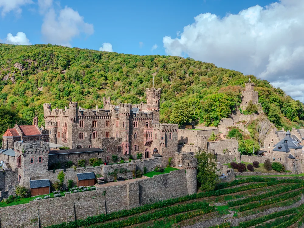 Reichenstein Castle above Trechtingshausen in the Rhine Gorge, Rhineland-Palatinate, Germany, rebuilt 1899-1903