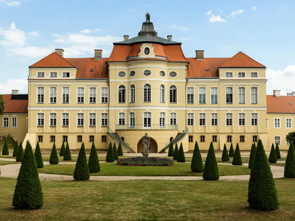 Rogalin Palace (Pałac w Rogalinie) in Greater Poland — the Baroque Raczyński family palace with its formal garden and the ancient oak grove containing the legendary trees Lech, Czech, and Rus
