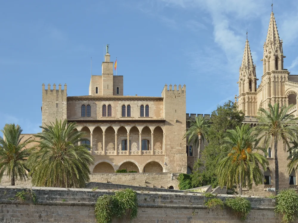 Royal Palace of La Almudaina on the Palma de Mallorca waterfront, a Gothic royal palace built over a Moorish alcazar and Roman fortification