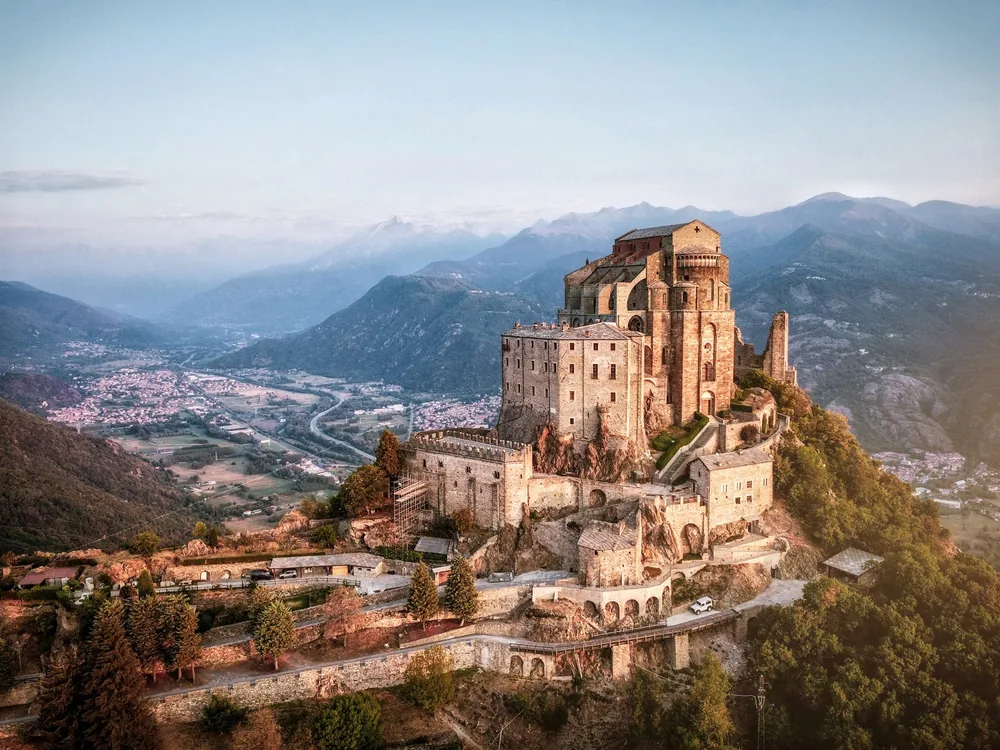 Sacra di San Michele — the Romanesque abbey-fortress on the summit of Mount Pirchiriano above the Val di Susa, Piedmont, Italy, inspiration for Umberto Eco's The Name of the Rose