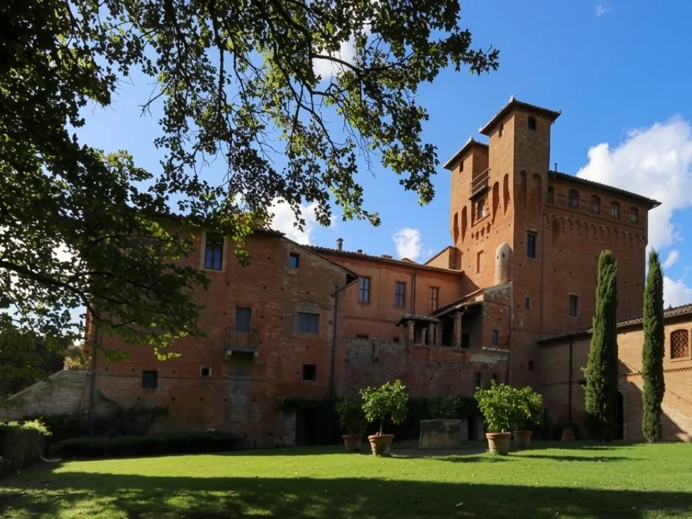 San Fabiano Castle, a historic hamlet with an 867 AD church, in the Crete Senesi, Tuscany, Italy