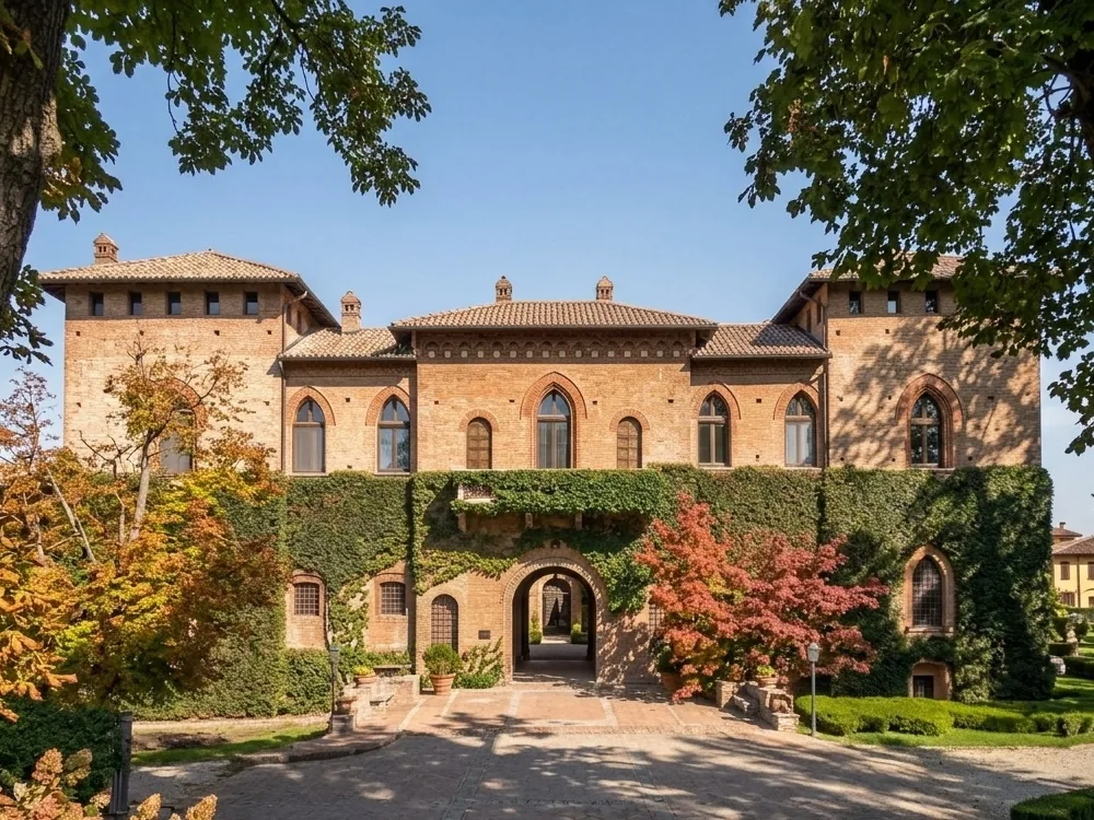 San Gaudenzio Castle, a 15th-century relais with a converted stable pool, in the Oltrepò Pavese, Lombardy, Italy