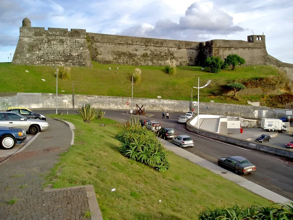São Sebastião Fort above the bay of Angra do Heroísmo, Terceira Island, Azores — a late-16th-century coastal fort now a pousada hotel