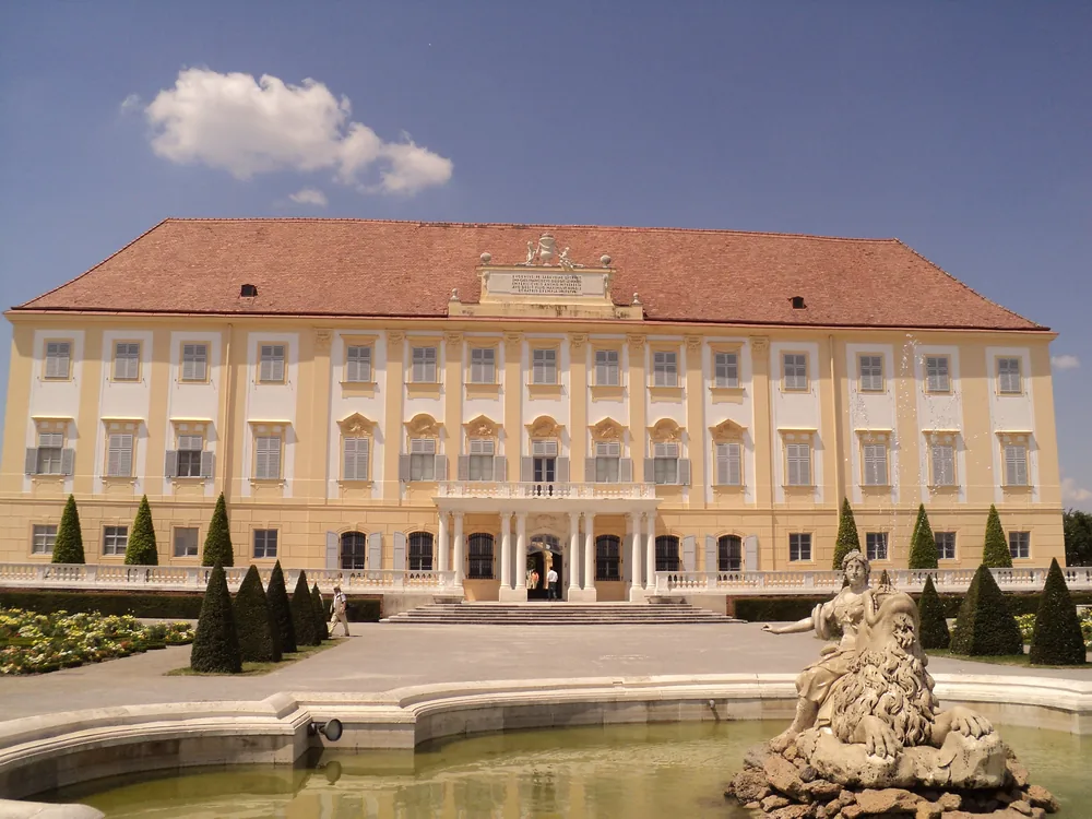 Schloss Hof Palace (Schloss Hof) in Engelhartstetten, Lower Austria — Prince Eugene of Savoy and Maria Theresa's baroque palace complex with seven terraced gardens descending toward the March River, Austria's grandest baroque estate outside Vienna