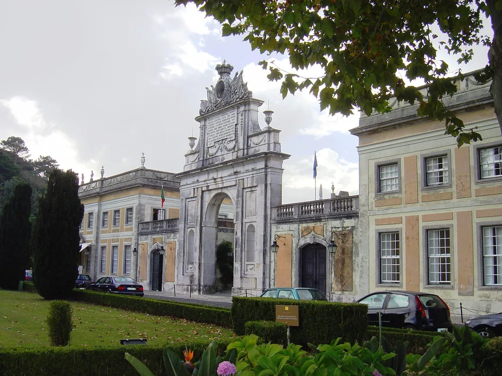 Seteais Palace (Palácio de Seteais) — the neoclassical triumphal arch framing views toward Pena Palace in the Sintra UNESCO Cultural Landscape, Lisbon District, Portugal