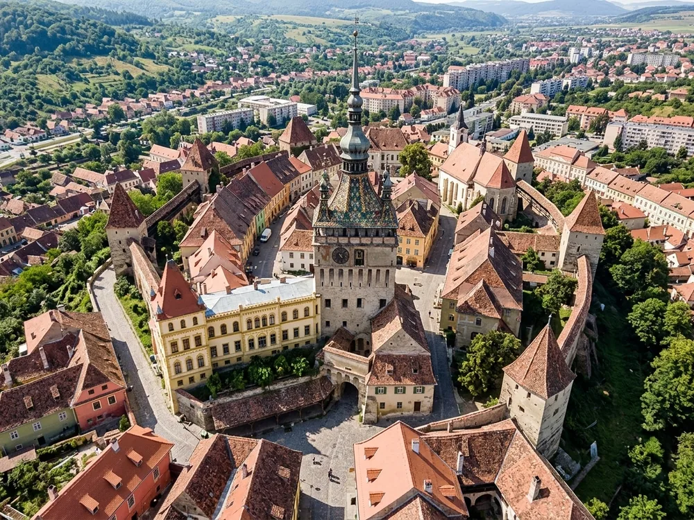 Sighișoara Citadel Clock Tower and medieval rooflines at golden hour, Transylvania, Romania — the UNESCO World Heritage Saxon fortified town with its distinctive 14th-century Clock Tower rising above the cobbled streets