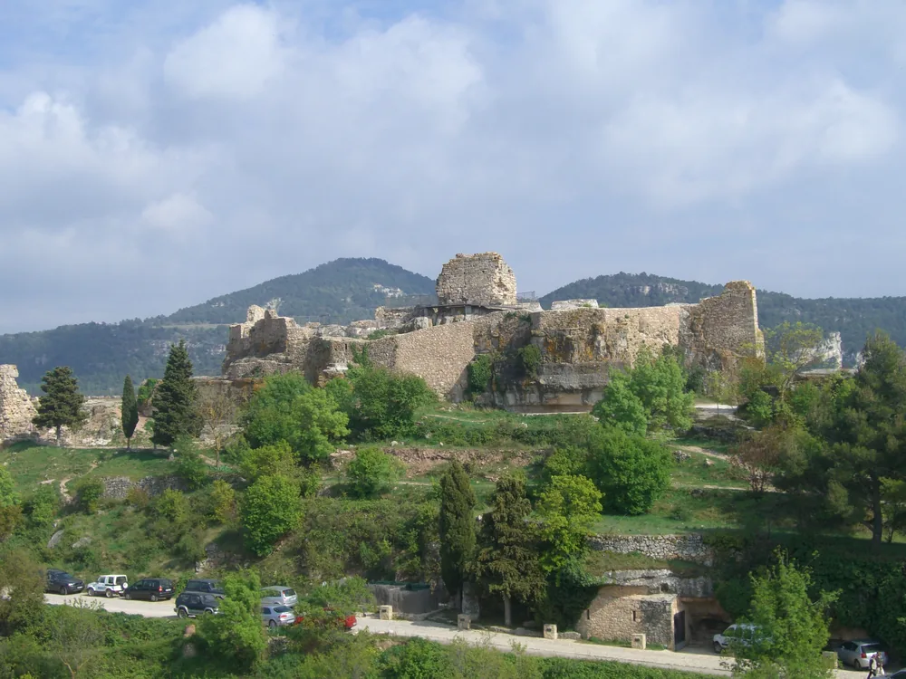 Siurana Castle (Castell de Siurana) ruins on the clifftop promontory above the Siurana gorge and reservoir, Priorat, Catalonia — the last Moorish stronghold in Catalonia, captured by Ramon Berenguer IV in 1153