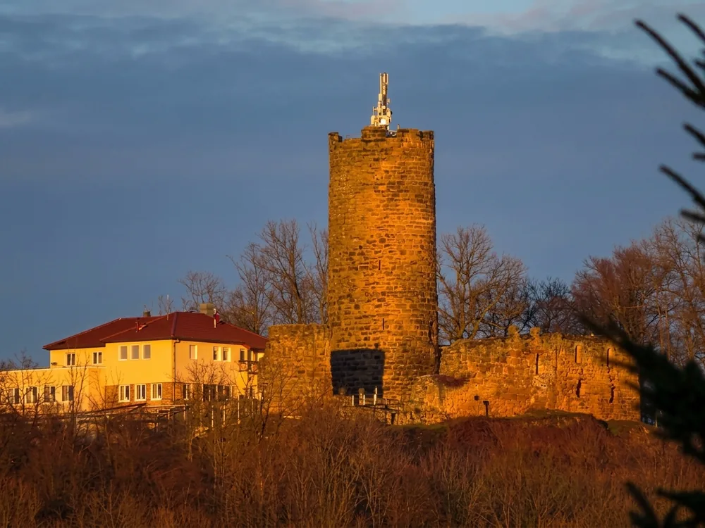 Staufeneck Castle ruin above Salach, Baden-Württemberg, Germany, with a new hotel built within the preserved medieval walls