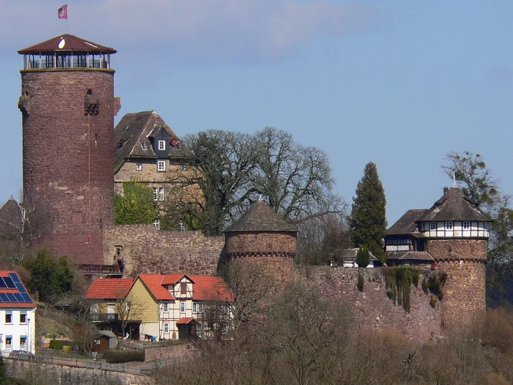 Trendelburg Castle above the Diemel valley in Hesse, Germany, its tower said to have inspired Rapunzel