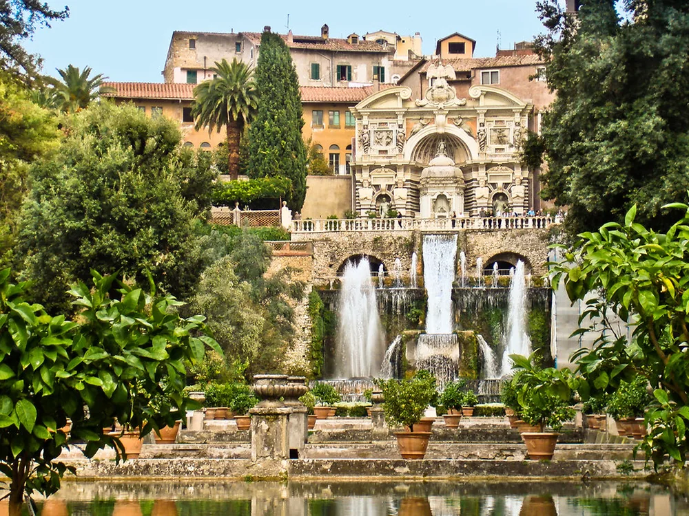 The terraced hydraulic gardens of Villa d'Este in Tivoli, Italy, with fountains fed entirely by gravity from the Aniene River
