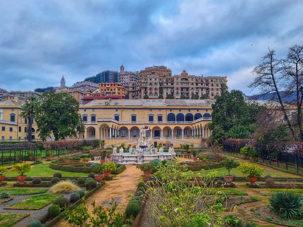 Villa del Principe in Genoa — the Renaissance palace facade and garden loggia commissioned by Admiral Andrea Doria in 1528, with Perin del Vaga's fresco decoration inside