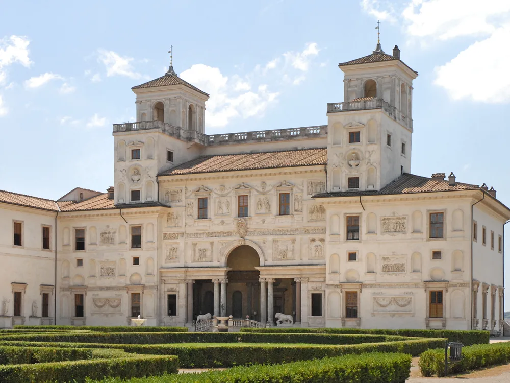 The antique-sculpture-studded garden facade of Villa Medici on the Pincian Hill in Rome, home to the French Academy since 1803