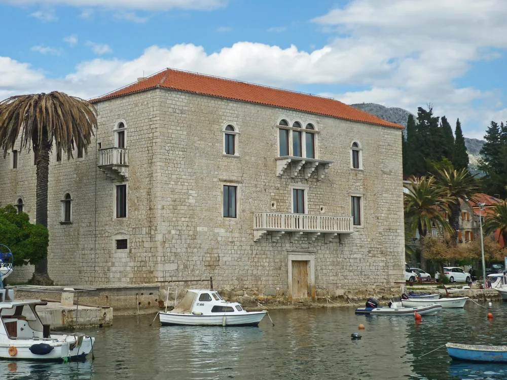 Vitturi Castle on the Kaštela Bay waterfront in Kaštel Lukšić, a Renaissance fortified palace with two defensive towers between Split and Trogir, Croatia