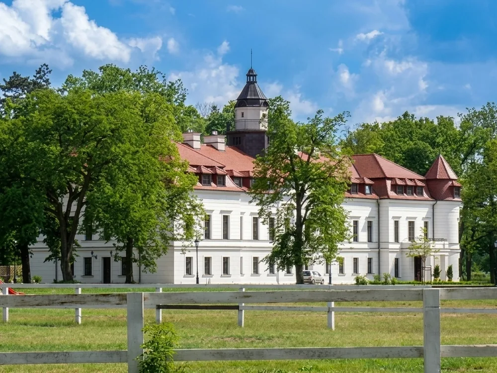 Wiejce Palace at a bend of the Warta river, Lubusz, Poland — an estate founded by the Kwilecki counts, now a hotel