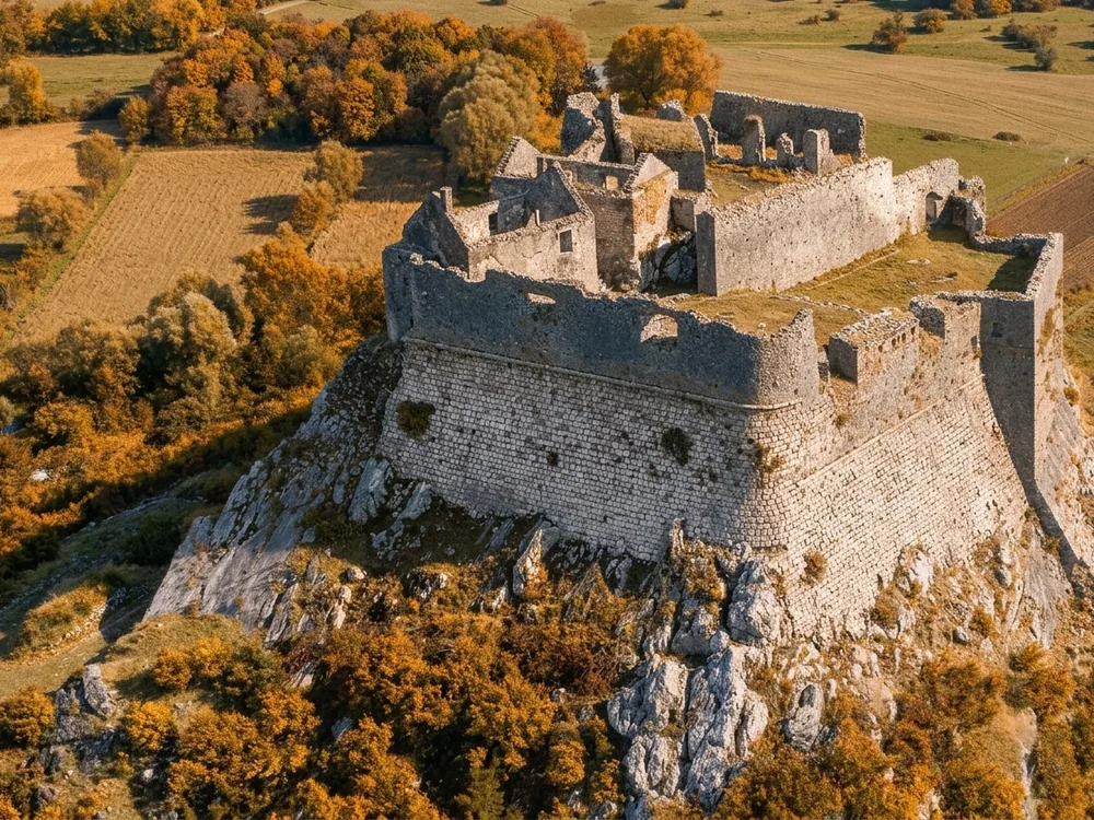 Žabljak Crnojevića ruined medieval fortress on its limestone hilltop above the Crnojevića River and Lake Skadar in Montenegro — the abandoned 15th-century seat of the Crnojević dynasty with surviving walls up to 15m high