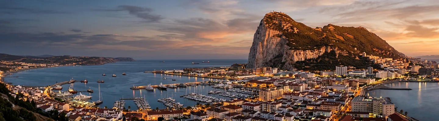 The Rock of Gibraltar with the Moorish Castle tower above the town — the strategic limestone promontory at the entrance to the Mediterranean