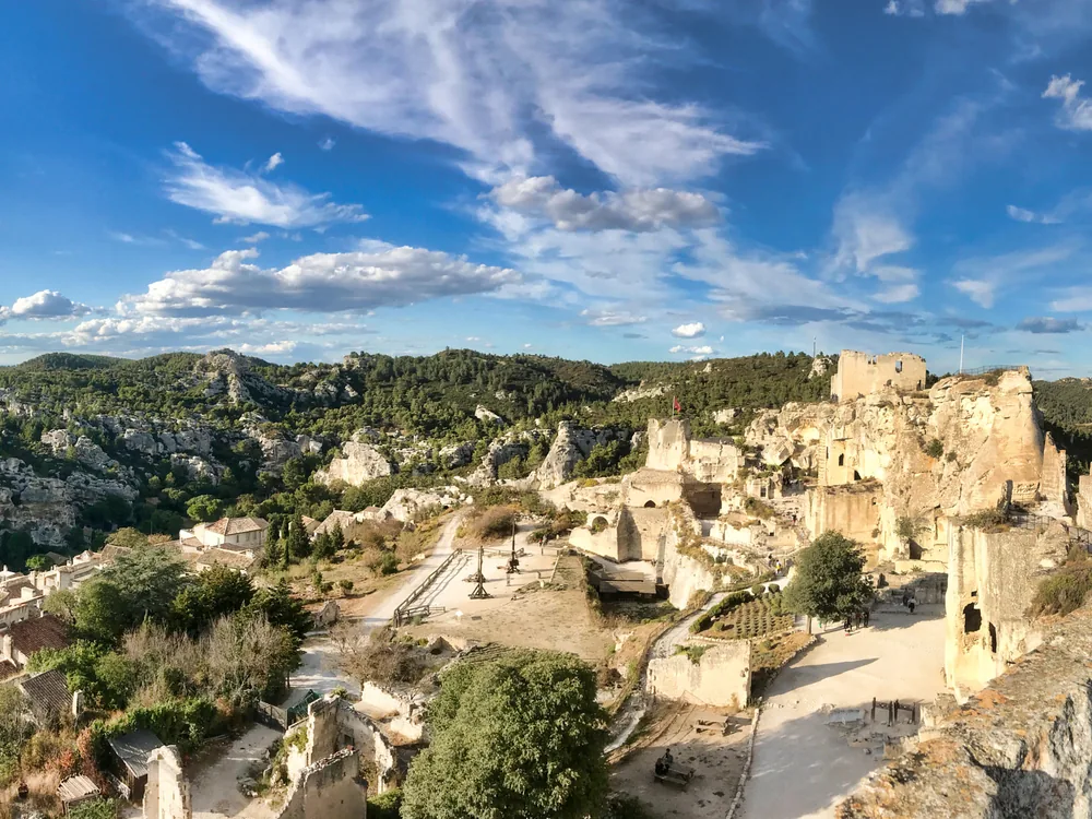Les Baux-de-Provence fortress ruins on their white limestone spur in the Alpilles