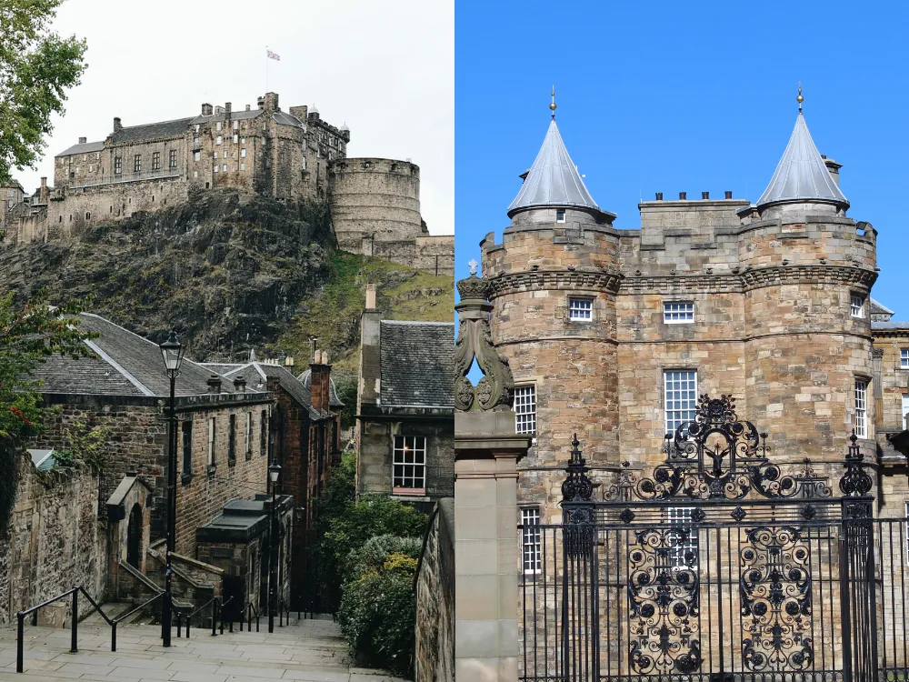 Palace of Holyroodhouse at the foot of the Royal Mile in Edinburgh, with the ruined Holyrood Abbey nave visible to the right and Arthur's Seat behind