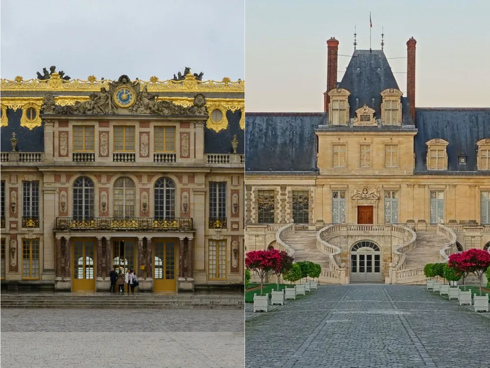 Château de Fontainebleau's horseshoe staircase in the Cour du Cheval Blanc — where Napoleon said farewell to his marshals before exile — combined with the Palace of Versailles on a private Paris day trip