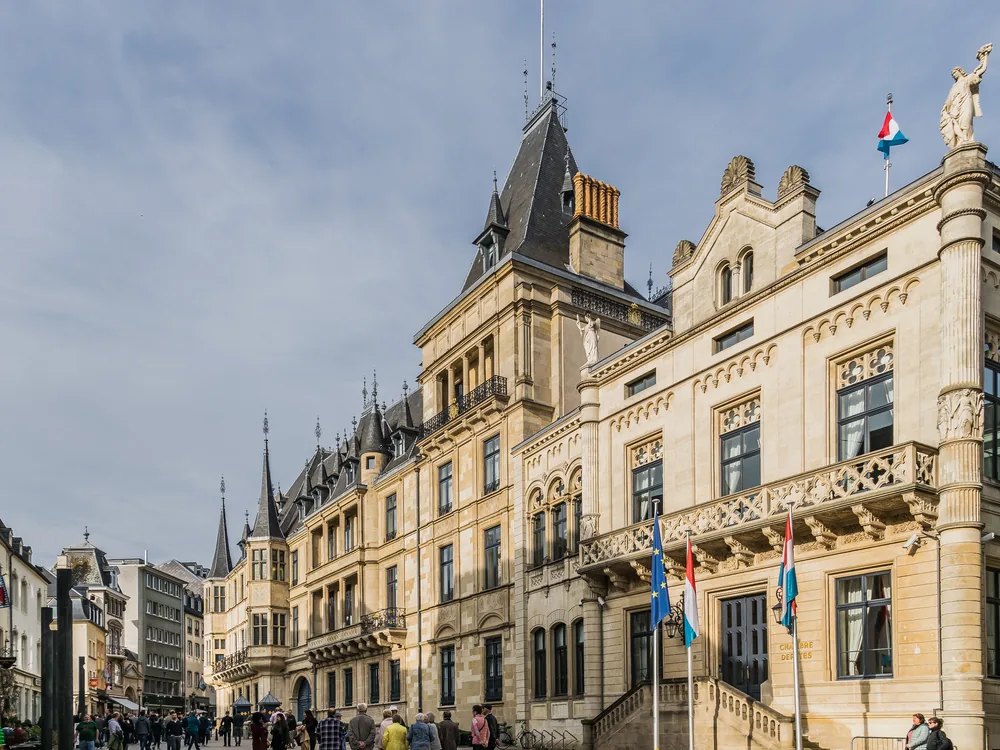 The Grand Ducal Palace of Luxembourg City with its ornate Spanish Renaissance facade, the official residence of Grand Duke Henri in the heart of the UNESCO old quarter