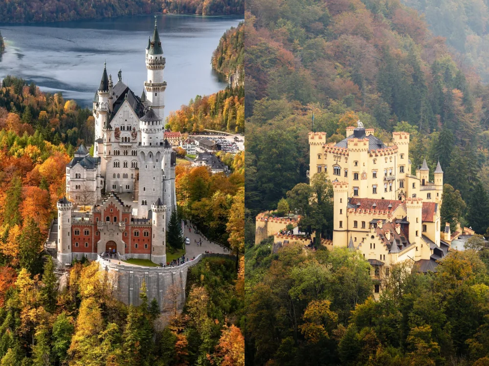 Neuschwanstein Castle and Hohenschwangau Castle on opposite hillsides above Schwangau, Bavaria, Germany