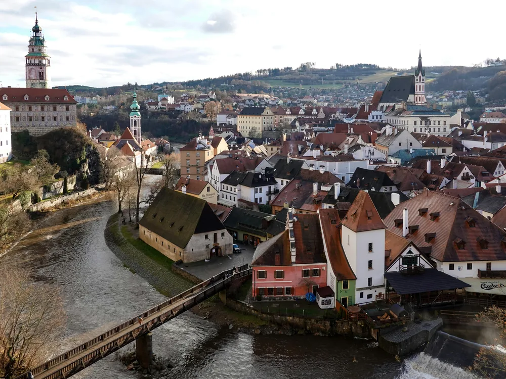 Český Krumlov Castle rising above the medieval town and the Vltava river bend