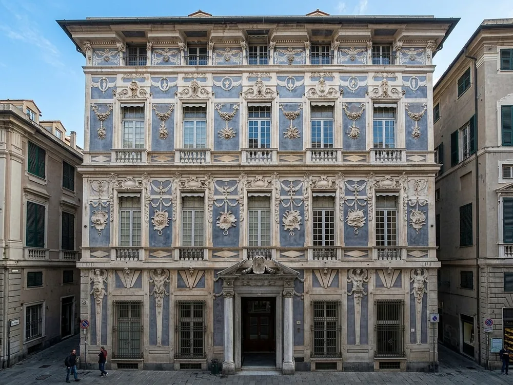 Via Garibaldi in Genoa with the Renaissance facades of the UNESCO-listed Rolli palaces — Palazzo Rosso on the right, Palazzo Bianco opposite