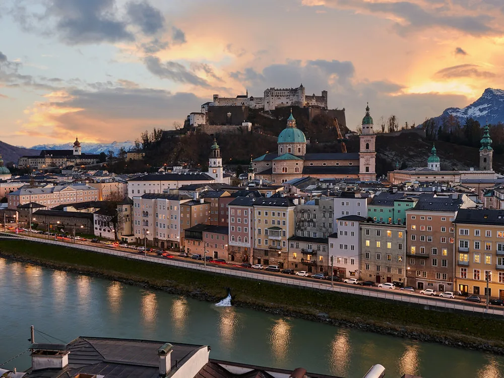 Hohensalzburg Fortress rising above Salzburg's baroque skyline and the Salzach river